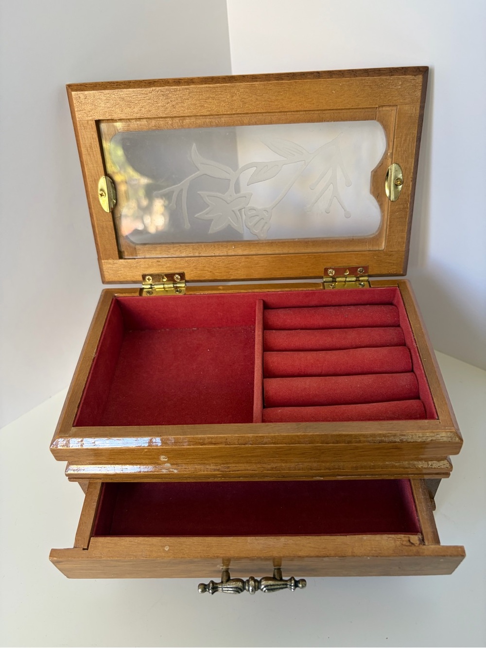 Vtg Wood Music Jewelry Box Red Velvet Etched Glass Cottagecore Grandmillennial